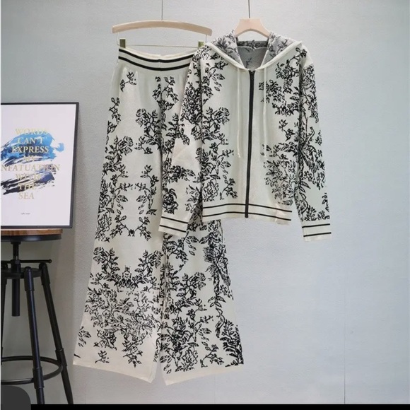 Pants - 0827.  Floral Jacquard Print Hoodie and Pants Set - Apricot